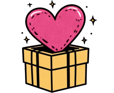 A sparkling roseate heart emerging from a yellow gift box